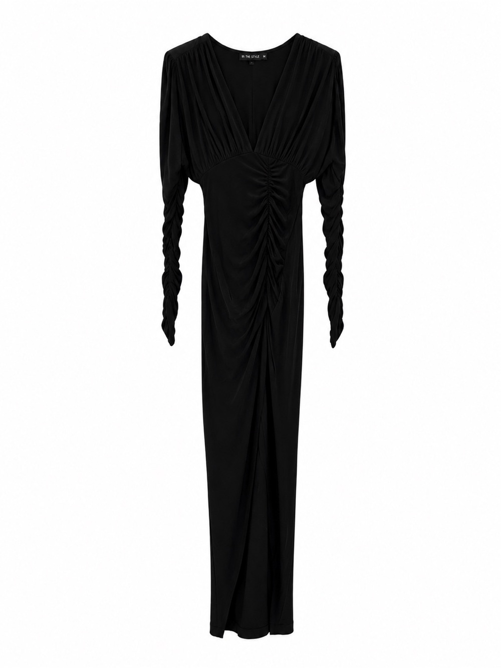 In The Style Ruched Black Long-Sleeve V-Neck Maxi Dress- Yasmin Devonport